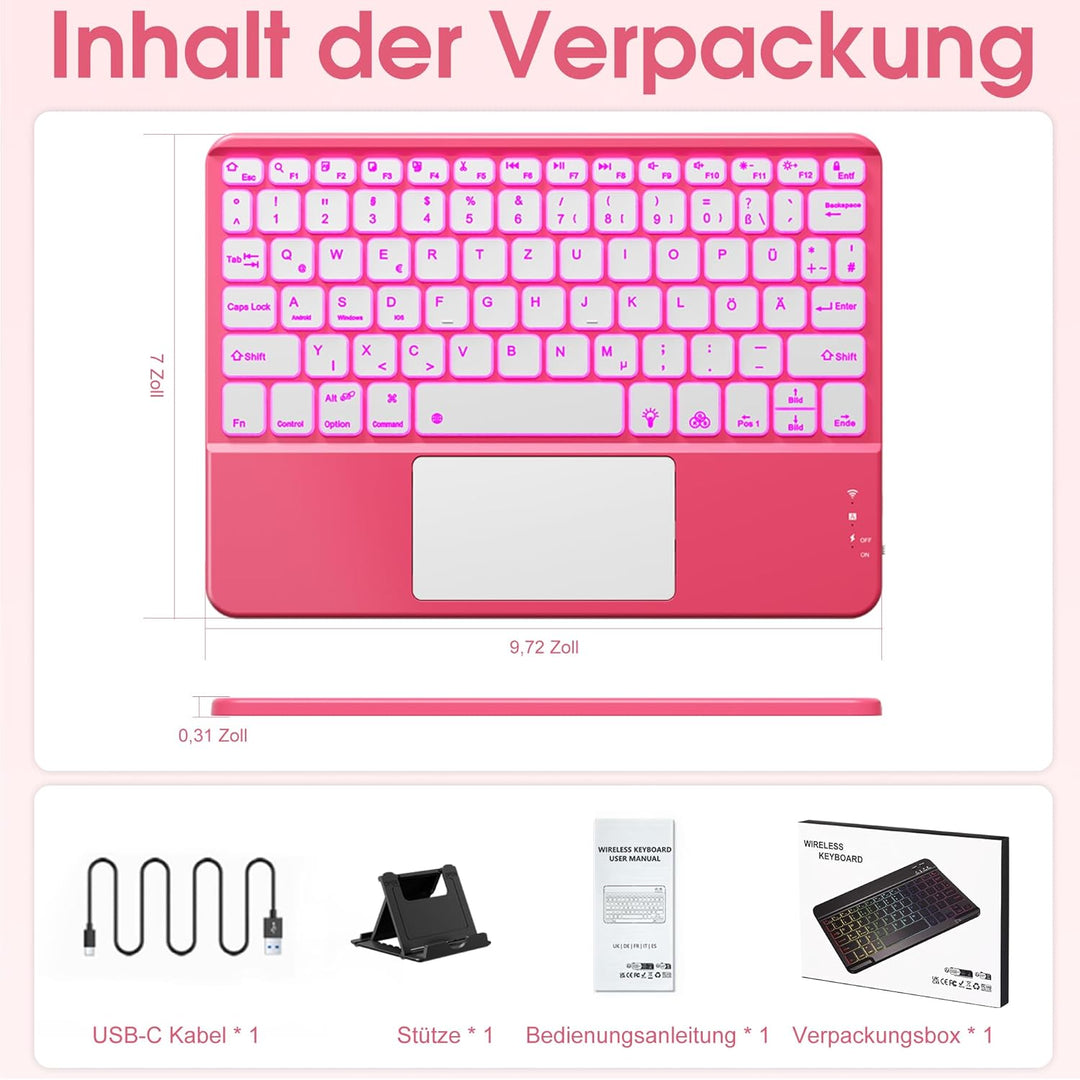 Vobafe Bluetooth Tastatur mit Touchpad, 7-farbiges Backlight iPad Tastatur | Traleicht Kabellose QWE