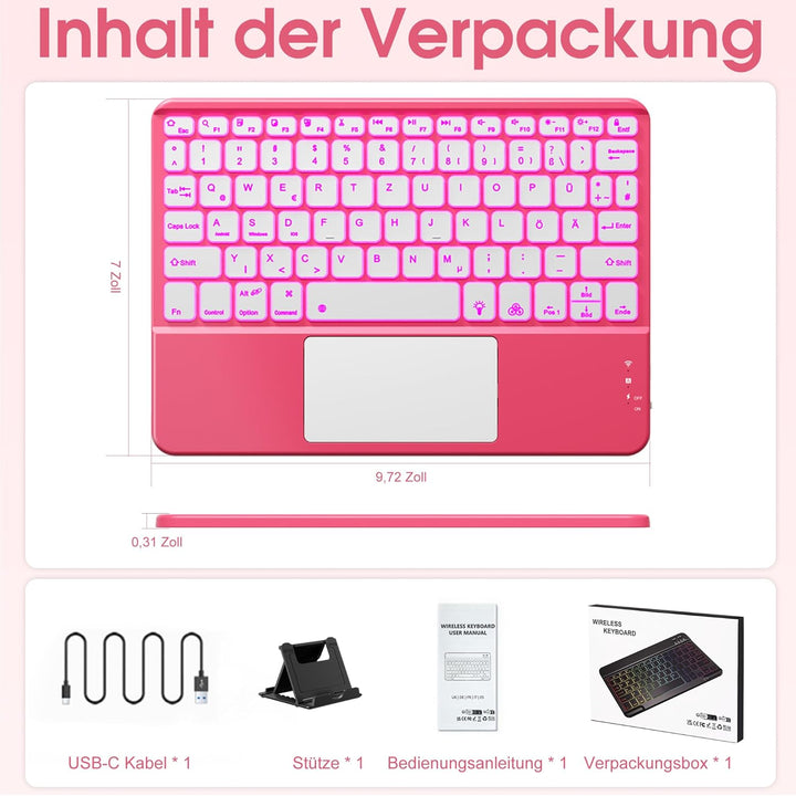 Vobafe Bluetooth Tastatur mit Touchpad, 7-farbiges Backlight iPad Tastatur | Traleicht Kabellose QWE