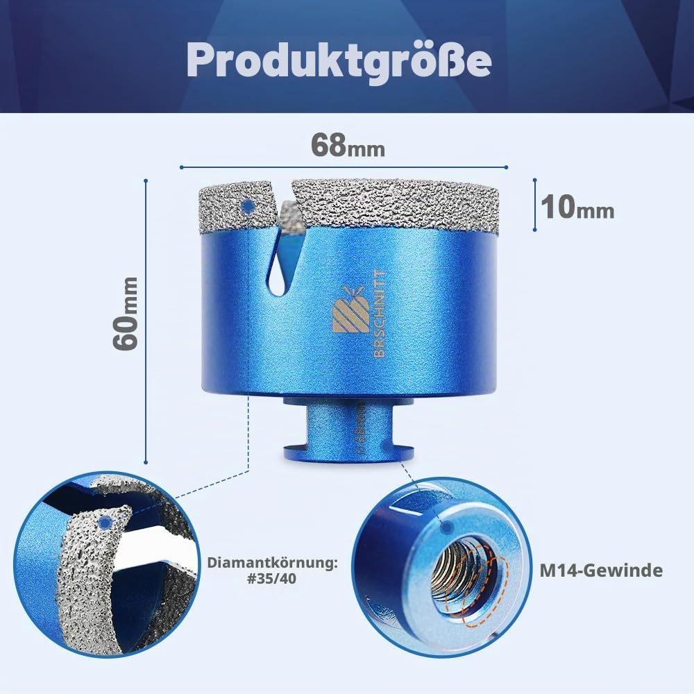 Diamant Fliesenbohrer 68mm - BRSCHNITT M14 Diamantbohrer Lochsäge für Fliesen Porzellan Keramik Marm