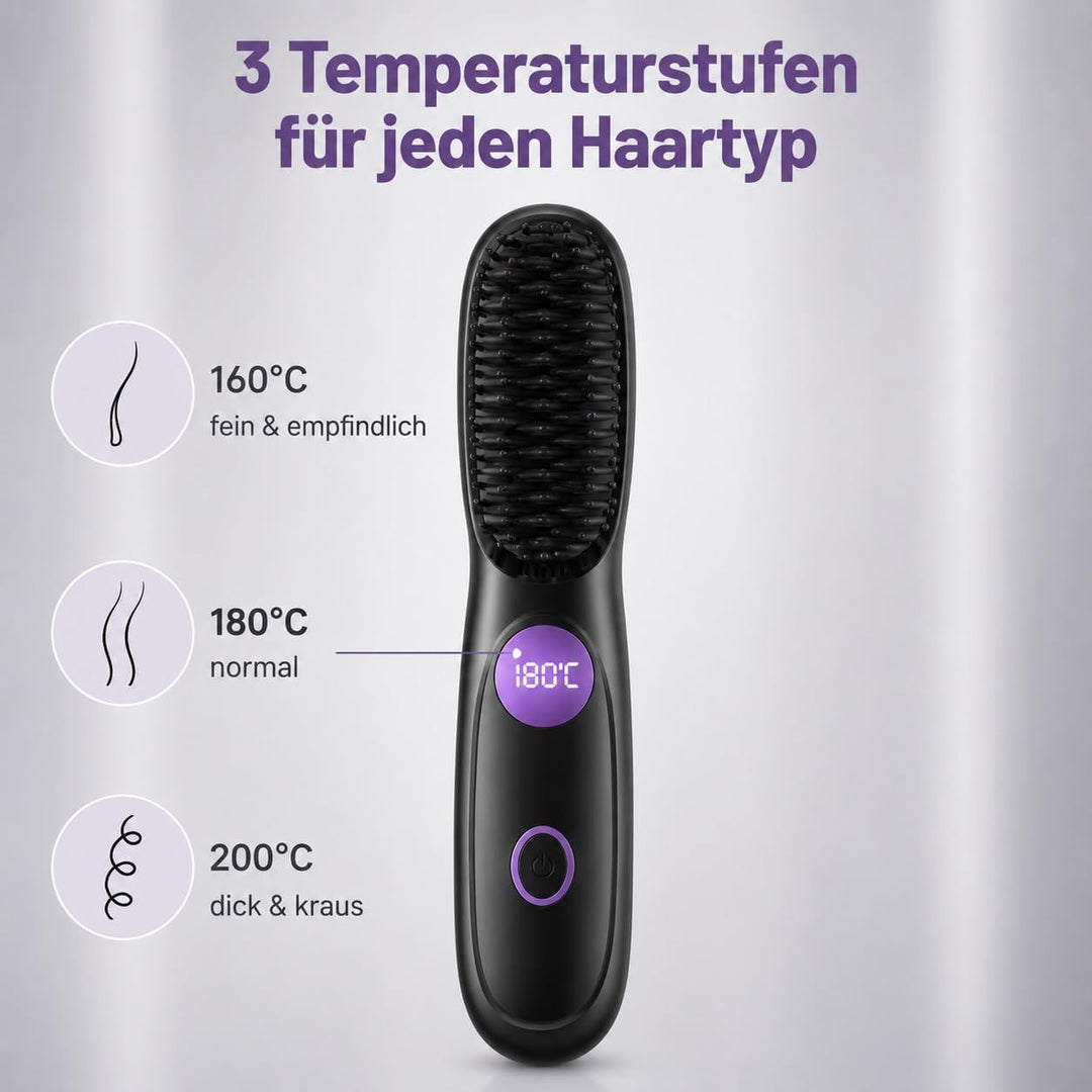 Stylingbürste für Kurze Haare,Glättbürste Kabellos mit LED Anzeige,Glättungskamm verhindert Haarzieh