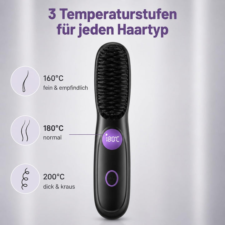 Stylingbürste für Kurze Haare,Glättbürste Kabellos mit LED Anzeige,Glättungskamm verhindert Haarzieh
