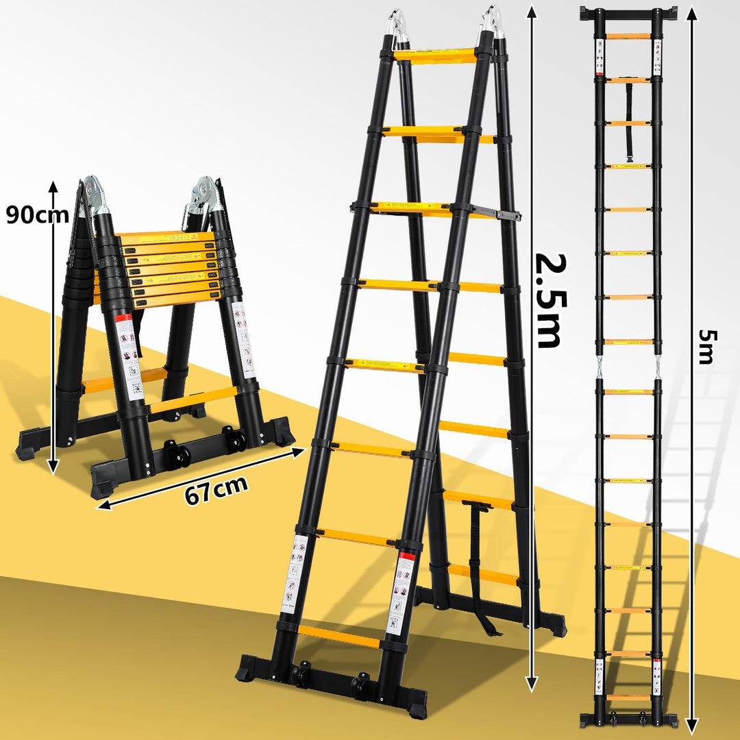 Herrselsam 5m(2.5m+2.5m) Teleskopleiter Klappleiter Aluminium, Mehrzweckleiter mit Tragegriff, Rutsc