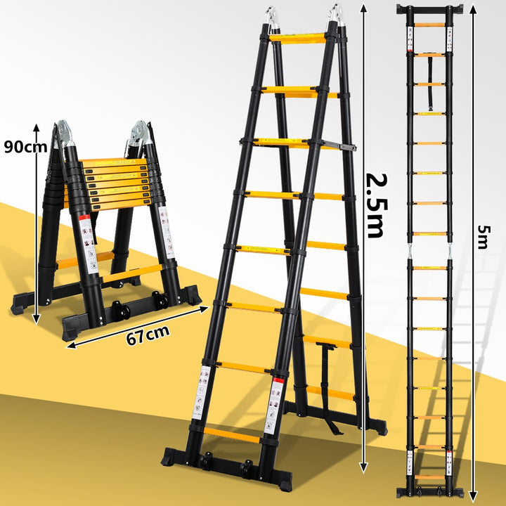 Herrselsam 5m(2.5m+2.5m) Teleskopleiter Klappleiter Aluminium, Mehrzweckleiter mit Tragegriff, Rutsc