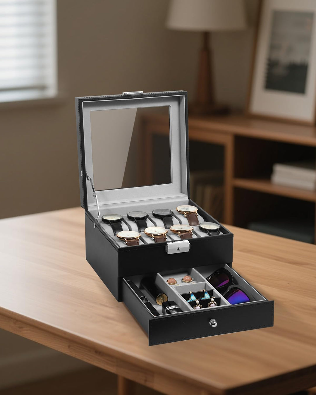 Uten Uhrenbox, 8 Fächern und 1 Schublade mit Schlüsselschloss, Glasdeckel, Schwarzes PU, Graues Samt