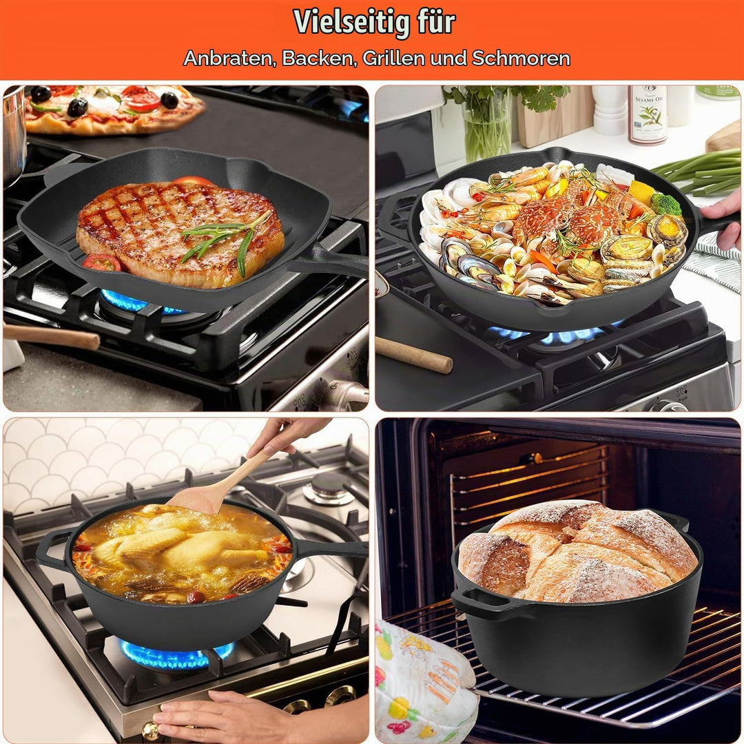 GFTIME Gusseisen Kochgeschirr Set 5-teilig, Gusseisen mit Dutch Oven 5 QT, Schmortopf 3,2 QT mit Pfa