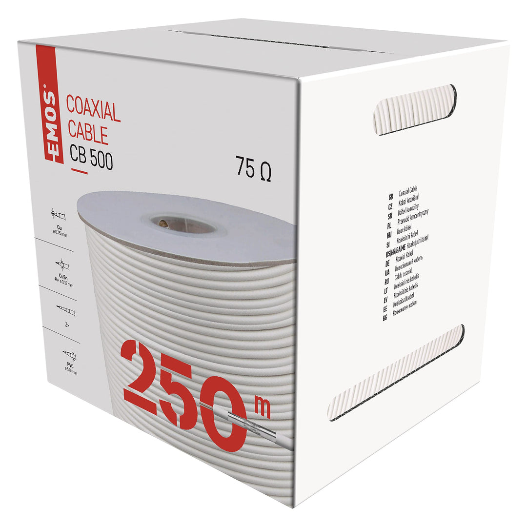 EMOS Antennenkabel 250m weiss, Koaxialkabel für SAT, TV und CCTV, Typ CB500, doppelt geschirmtes Fer