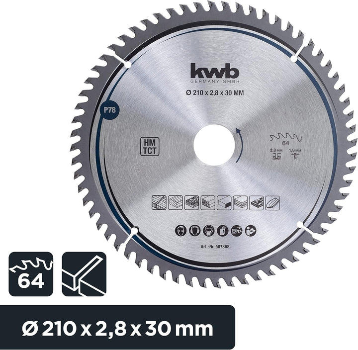 kwb Kreissägeblatt 210 x 30 mm, sehr feiner Schnitt, Sägeblatt geeignet für Arbeitsplatten, Holz und