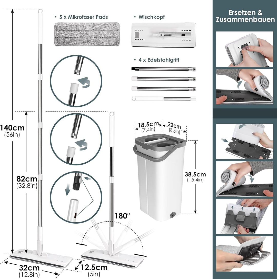 Myiosus Wischmopp Set mit Eimer, Putzeimer mit Wischmop, Bodenwischer mit Auswringfunktion, 10 Mikro