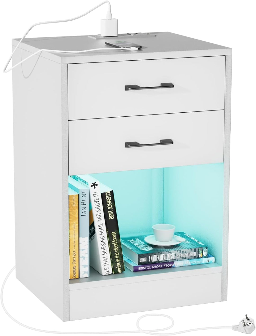 PIPIPOXER Nachttisch mit Steckdose& USB, Moderner Nachtschrank mit Led, Nachtkommode mit 2 Schublade