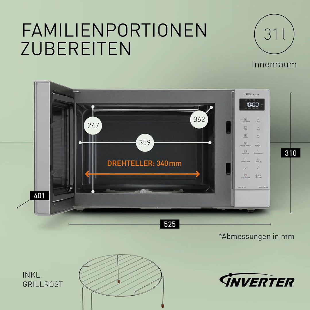 Panasonic NN-GT66QMEPG 31L Kombi-Mikrowelle mit Grillfunktion, 1000 W, Kombi-Kochen, 7 Leistungsstuf