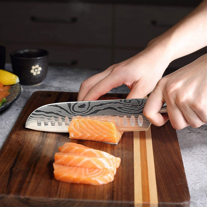 Joyspot Japanisches Santoku Messer, 7 inch Kochmesser Profi Messer Deutsche Karbon-Edelstahlmesser E