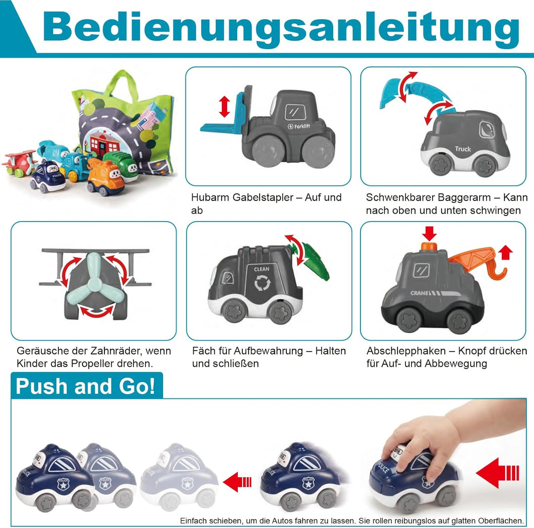 lerrbo 6 PCS Cartoon Lastwagen Auto Spielzeug mit Kräne/Spielmatte/Aufbewahrungstasche|Babyspielzeug