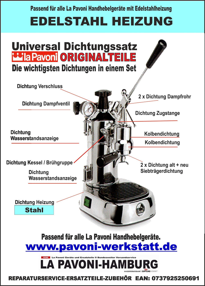 PAVONI Dichtungssatz 500E passt alle Baujahre - mit Dichtung für Edelstahlheizung