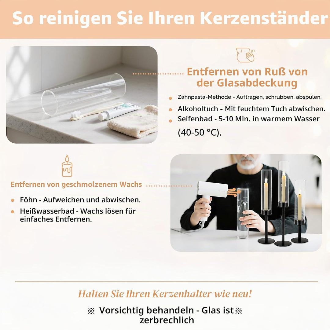 Glaszylinder für Kerzen Kerzenhalter Glas: 6 Stücke Metall Kerzenständer Stabkerzen Schwarz Gross Bo