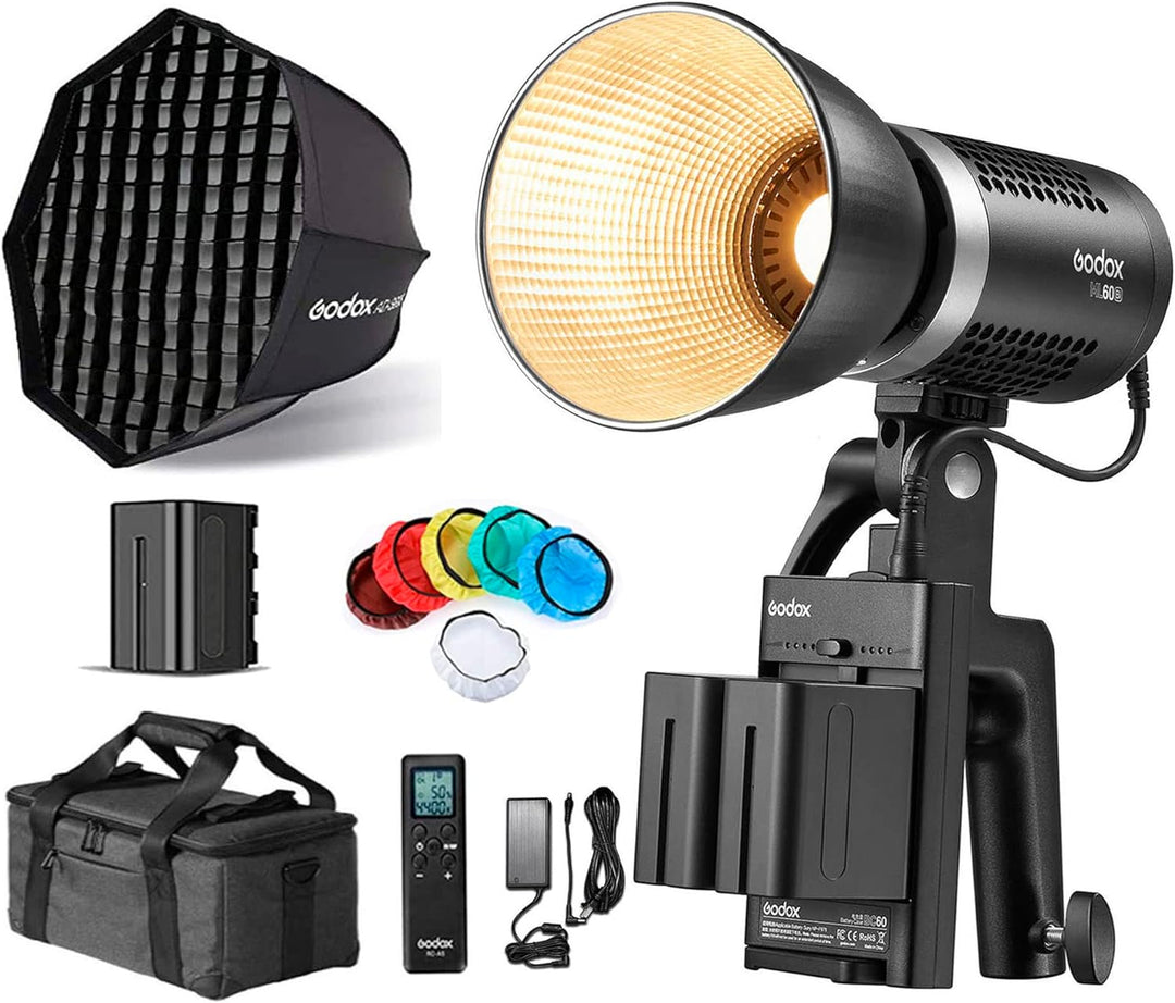 Godox ML60Bi 60W Power in Your Hands LED Videoleuchte,mit AD-S60S Softbox,RC-A6 Fernbedienung,2X NP9