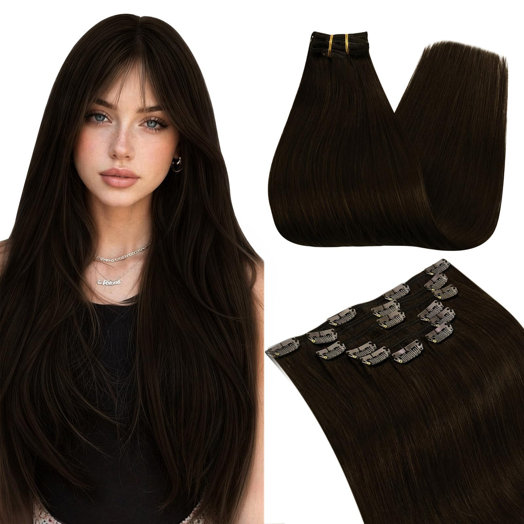 Ugeat Haarverlängerung Echthaar Clip in Extensions Echthaar Schokobraun Menschliches Haar Remy Clip
