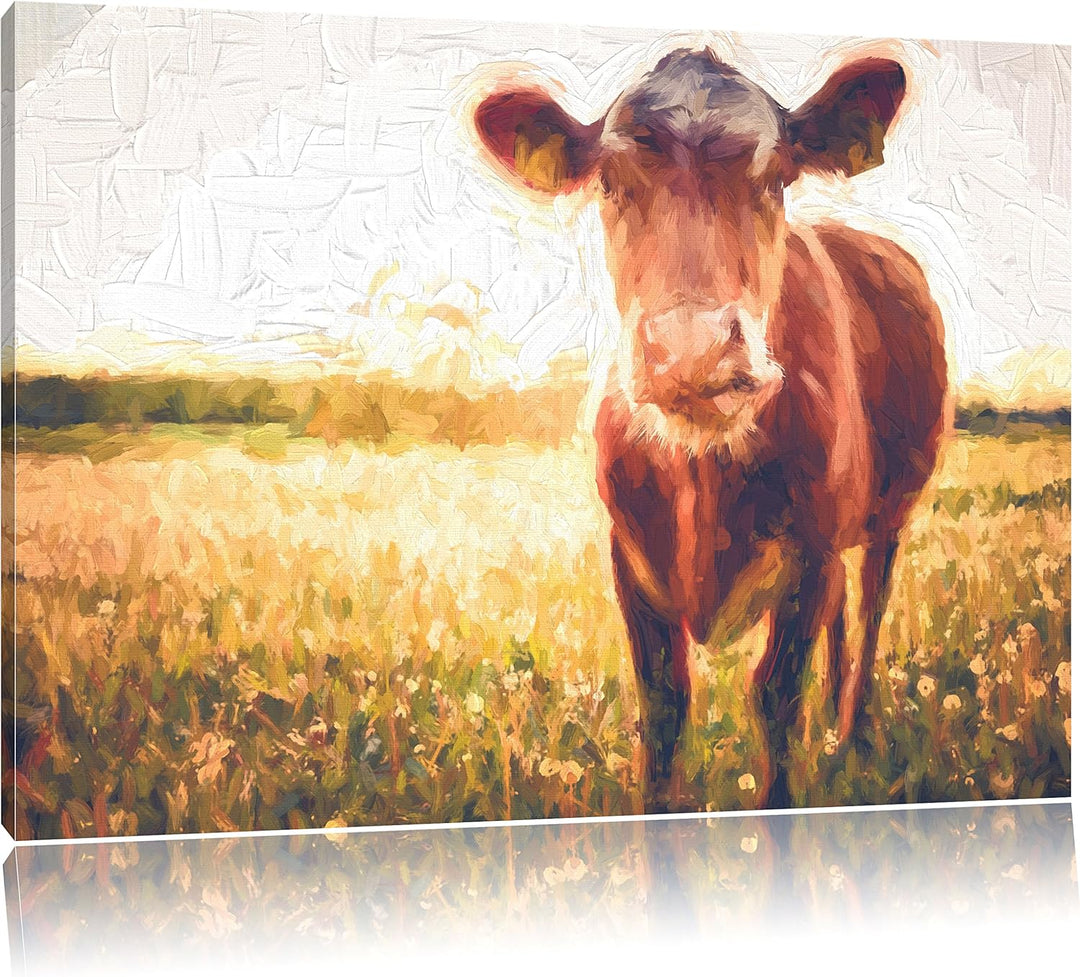 Pixxprint Einzelne Kuh auf Butterblumenwiese in der Abendsonne Kunst Pinsel Effekt, Format: 100x70 a