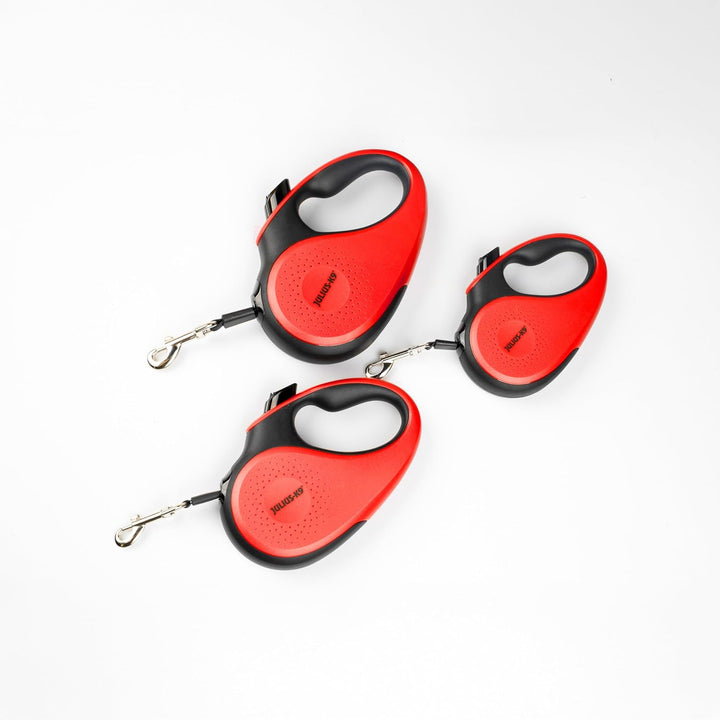 Julius-K9 Rollleine, M - 5 m Band, Schwarz/Rot – Rutschfester Griff, Bandleine, ausziehbar, Einhandb