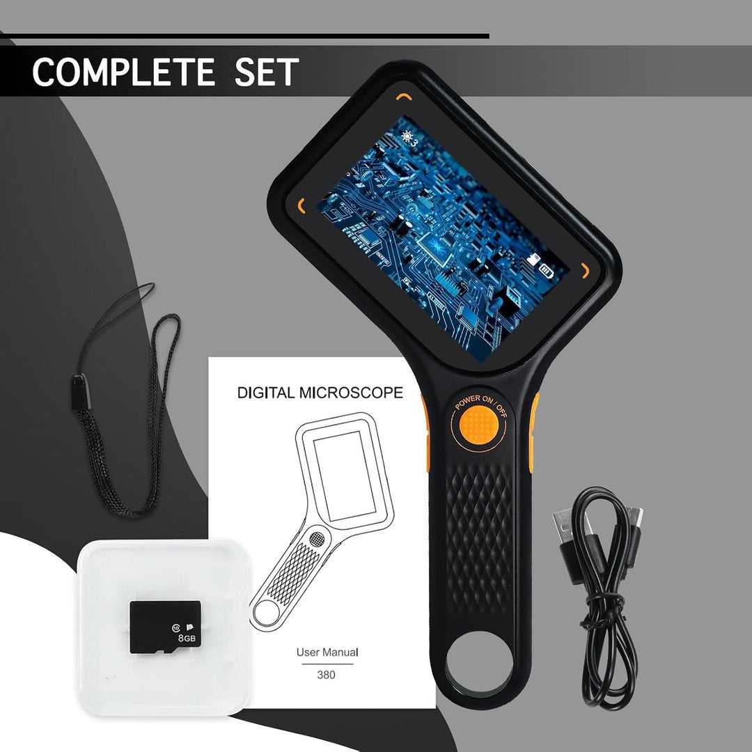 Digitales Mikroskop mit 7,6 cm (3 Zoll) IPS-Bildschirm, Autofokus, 8 LED-Leuchten, TF-Kartenschlitz,