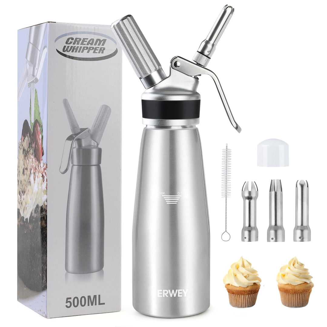 ERWEY Sahnespender 500ML, Sahnesyphon Aluminium, Sahnesprüher Auslaufsicherer Einfach Reinigen mit 3