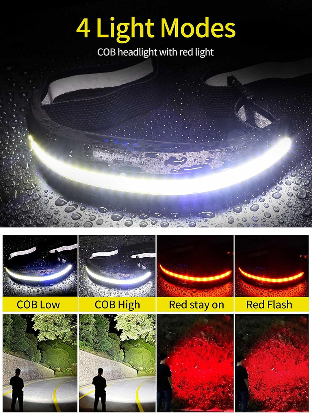 DARKBEAM LED Stirnlampe Flutlicht COB mit Rotlicht Wiederaufladbar USB, Superheller Aufladbar Leicht