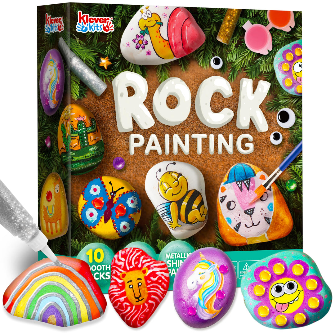 JOYIN 10 Stück Steine Bemalen Set für Kinder mit 18 Farben (Standard Metallicfarben,Aufkleber, Glitz