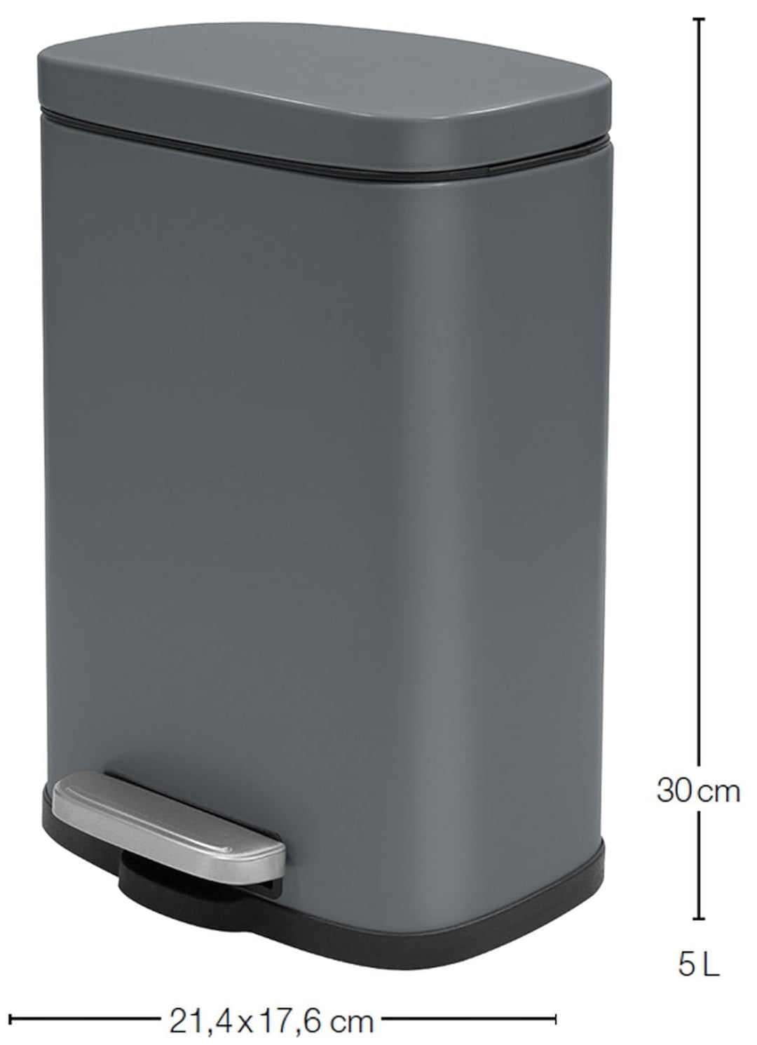 Spirella Kollektion Akira, Abfalleimer mit Pedal, 21,5 x 17,5 x 30 cm, 5 Liter, Stahl, Grau, 21,6 x