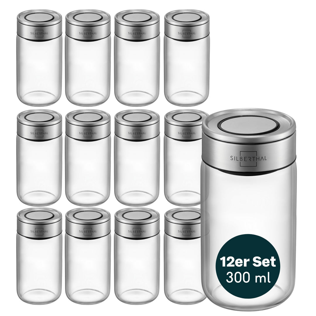 SILBERTHAL Gewürzglas 12er Set 300 ml Rund - mit Klickdeckel stapelbar - Vorratsglas mottensicher fü