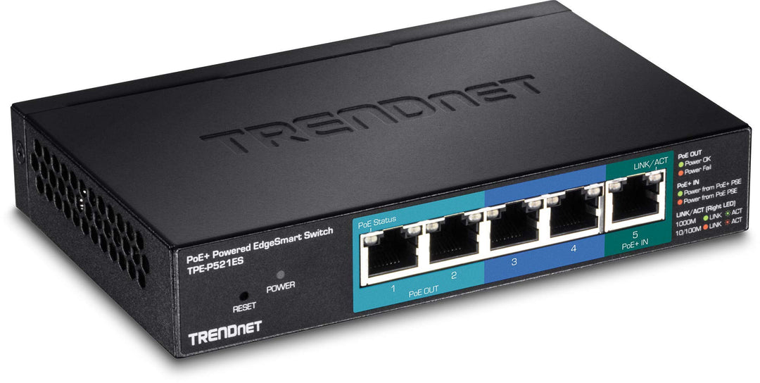 TRENDnet TPE-521ES 5-Port Gigabit PoE+ EdgeSmart Switch mit PoE Durchgang, 18 W PoE Gesamtleistung,