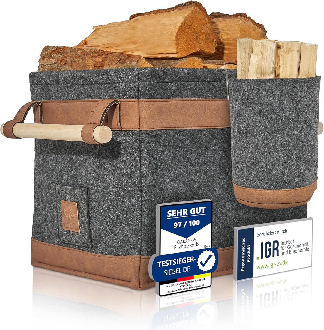 OAKAGE® Holzkorb für Kaminholz Gross mit Zündholzkorb [Schmutzabweisendes Innenfutter und Lederboden