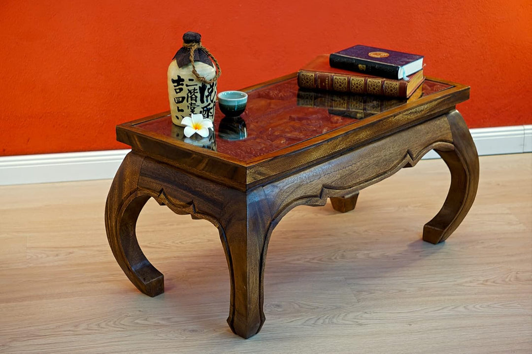 Kinaree Akazie Couchtisch Natur mit Elefanten oder Drachen Schnitzerei und Glasplatte (Elefant II, K