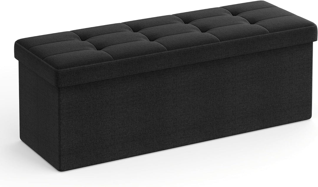 SONGMICS 110 cm Sitzbank mit Stauraum, klappbare Sitztruhe, Aufbewahrungsbox, Fussbank, basisschwarz