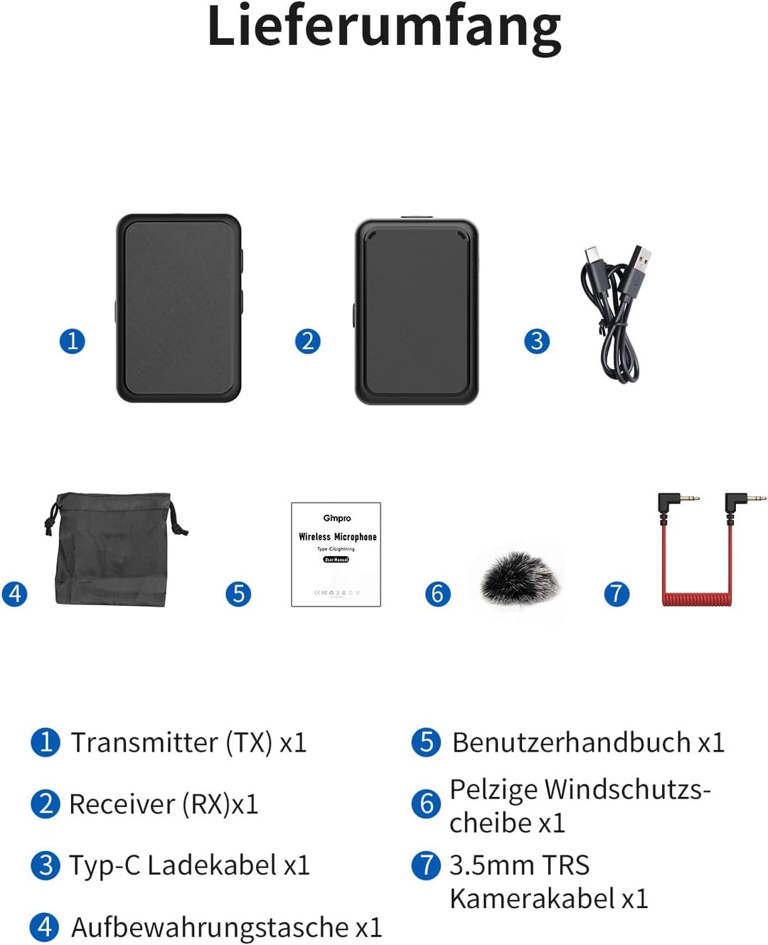 Ansteckmikrofon Kabellos Kamera,Gimpro MB1(M) 2.4GHz Plug&Play Lavalier Funkmikrofon mit 1 Druck Stu