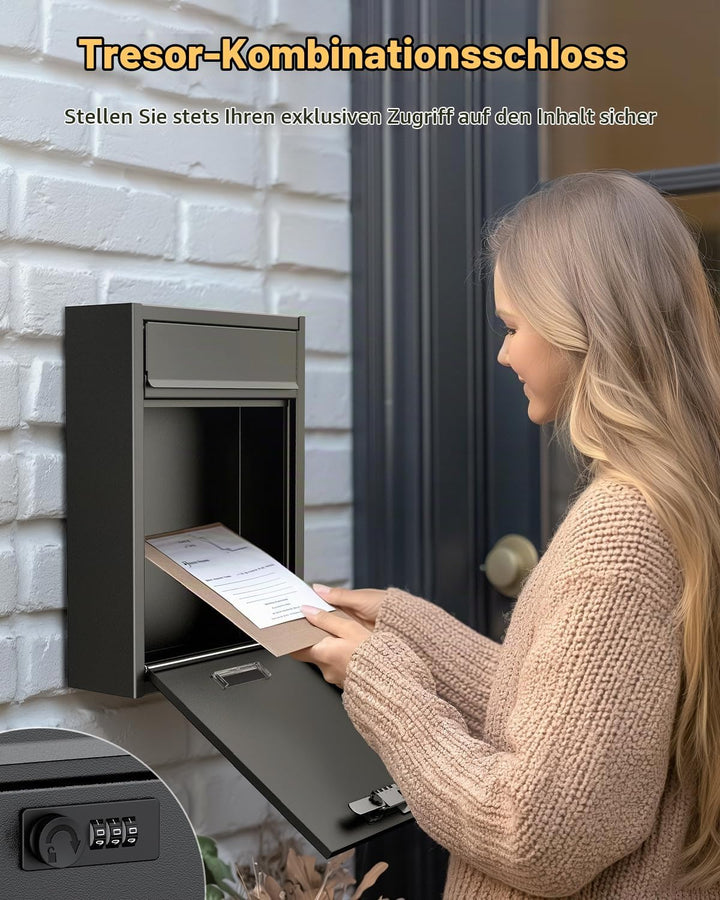 Uniclife Wall Mount Mailbox für aussen, grosse Ablagefach mit Zahlenschloss, Sicherheit Schliessung