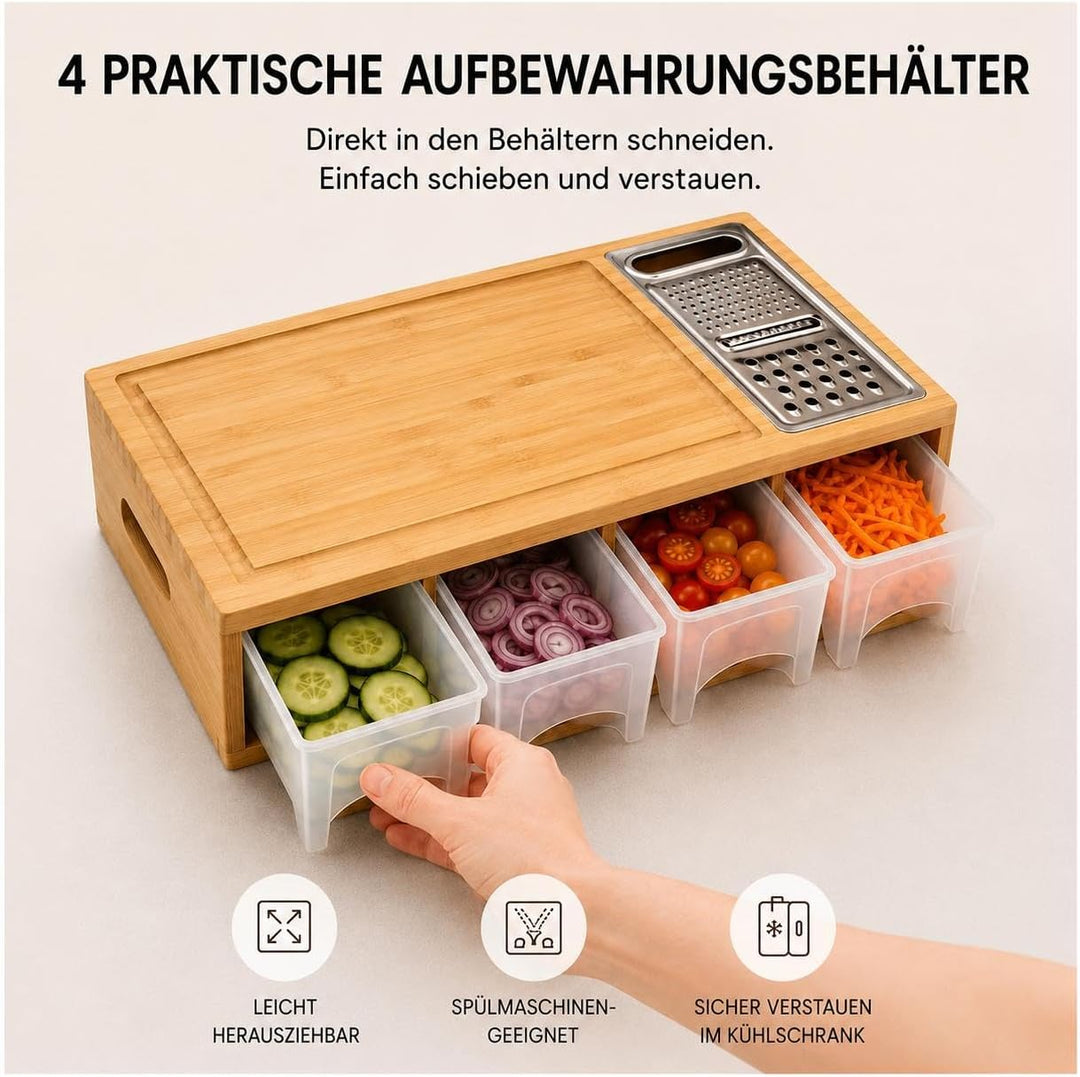 Bambus-Schneidebrett mit Auffangschale, 4 Behältern, Reibe &amp; Mandoline | Bambus Schneidebrett mit Au