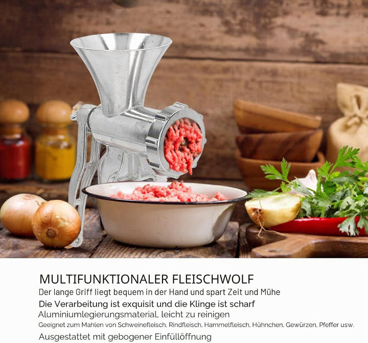 Manuelle Fleischmühle Aluminiumlegierung Fleischwolf mit Lochscheiben und Gebäckvorsatz Wurstfüller