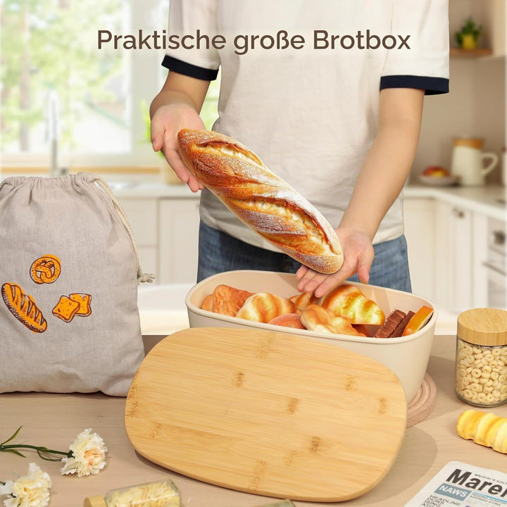 VINATO Brotkasten mit Schneidebrett, 37x22,5x14cm (6L), Brotdose mit hochwertigem Bambusdeckel &amp; Bro