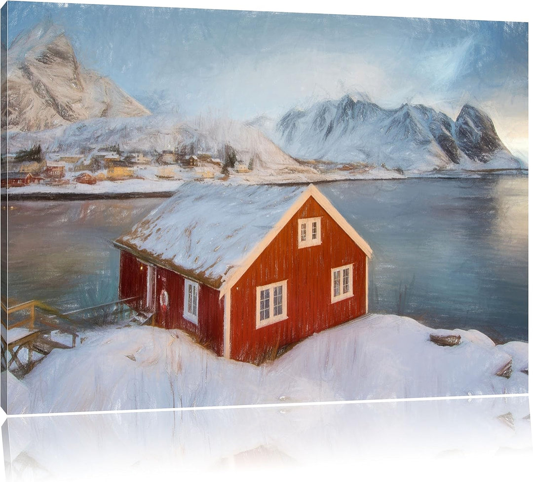 Pixxprint Fischerhaus an den Lofoten Inseln Kunst Buntstift Effekt, Format: 100x70 auf Leinwand, XXL