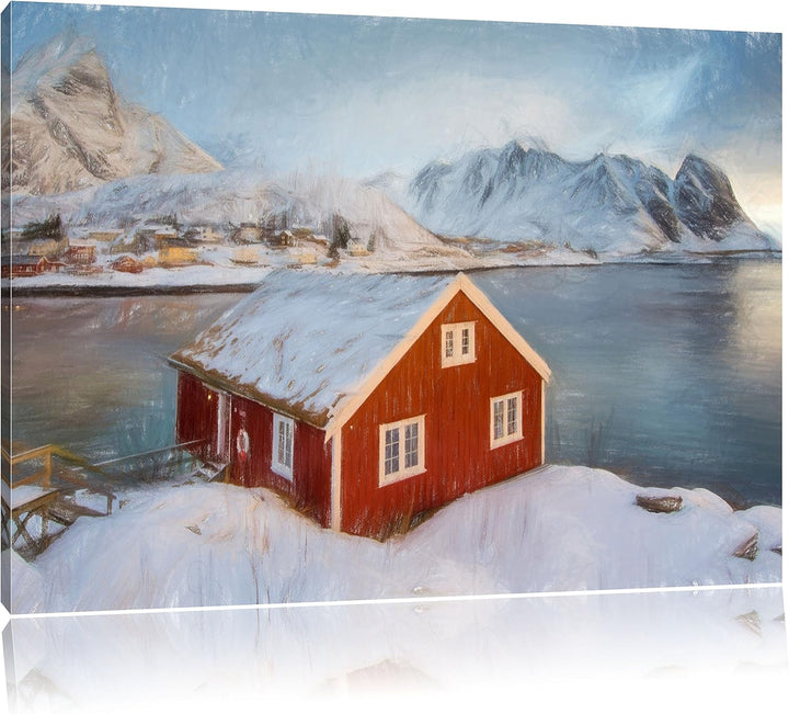 Pixxprint Fischerhaus an den Lofoten Inseln Kunst Buntstift Effekt, Format: 100x70 auf Leinwand, XXL
