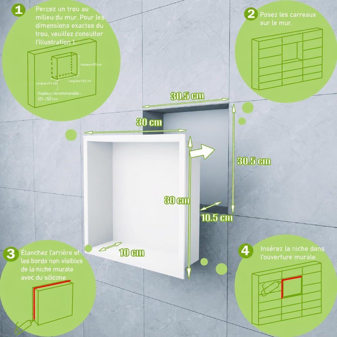 Badezimmer-Wandnischenschrank Weiss 30x30x10 cm, wandmontiertes Waschbecken für Dusche Edelstahl-Auf