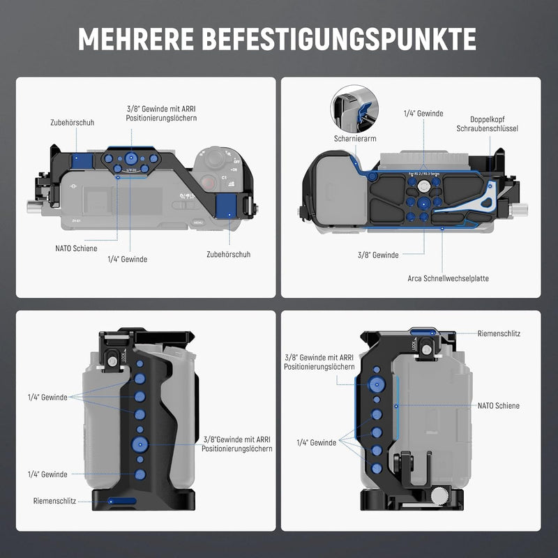 NEEWER ZV-E1 Käfig Cage mit HDMI Cable Clamp, NATO Schiene 3/8"ARRI Aufnahmebohrungen 1/4"Gewinde, A