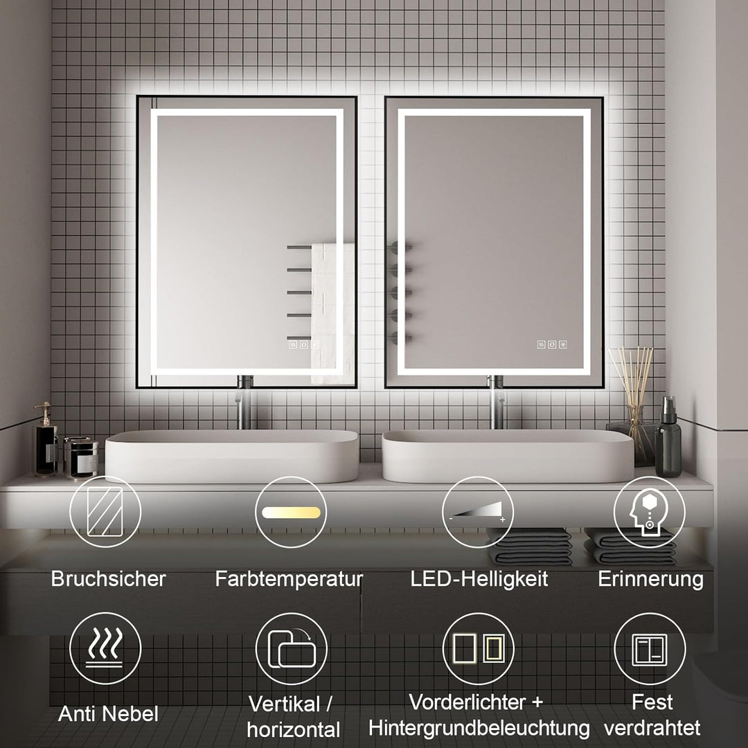 furduzz Badezimmerspiegel mit Beleuchtung, 500 x 700 mm, wandmontierter Kosmetikspiegel mit Vorder-