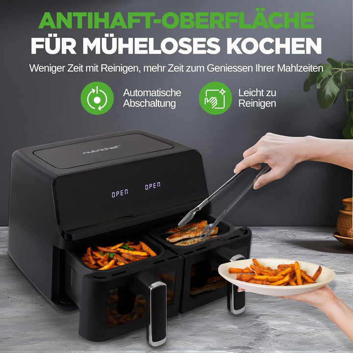 NutriChef Heissluftfritteuse 8L Doppelt – Airfryer mit 2 Fächern, Sichtfenster & 9 Programmen, max.