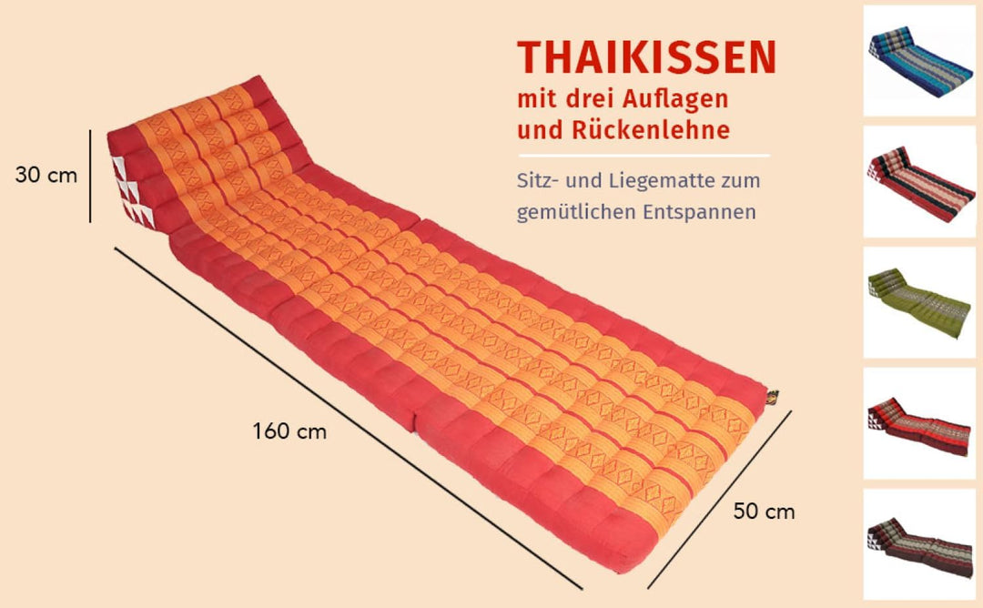 GURU SHOP Thaikissen, Dreieckskissen, Kapok, Tagesbett mit 3 Auflagen - Elefant Rot/schwarz, 30x50x1