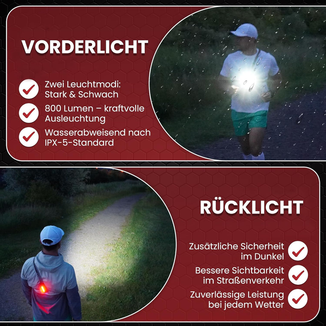 LUMEFIT Lauflicht mit Reflektoren, ideal zum Joggen und Laufen, mit 500 Lumen FrontTaschenlampe, 90°