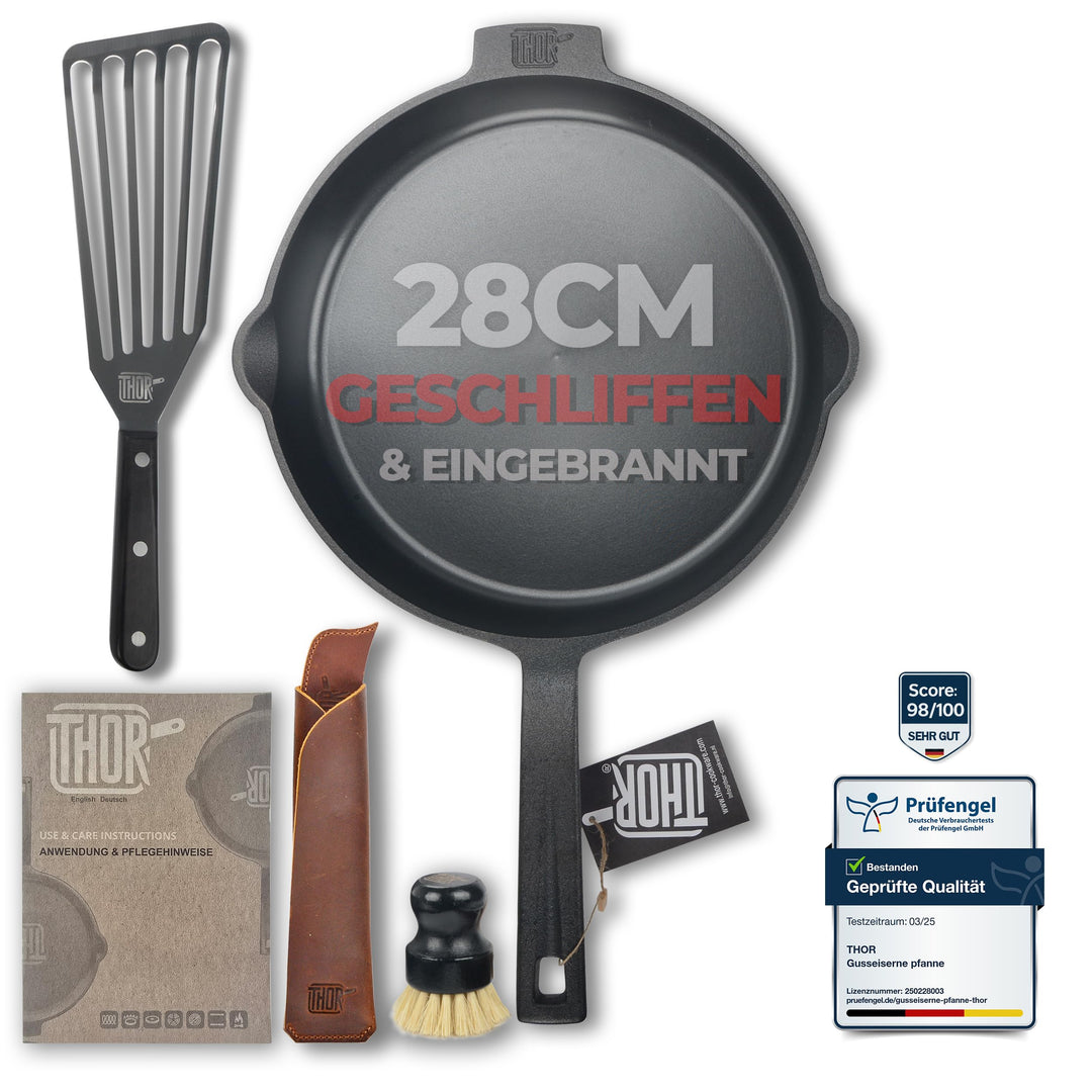 THOR® Gusseisenpfanne Induktion 28cm inkl. Zubehör - geschliffene Oberflächen I Bratpfanne Induktion