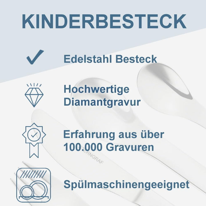 Kinderset Tiere Manao 7tlg. mit Gravur auf der Besteck-Rückseite (z.B. Namen) Kinderbesteck + Kinder