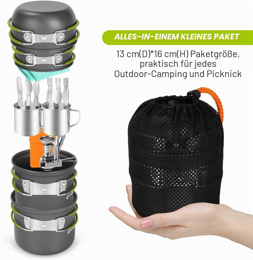 Odoland Camping Geschirr Set 16 PCS für 2 Personen Outdoor Kochgeschirr aus Aluminium und Edelstahl