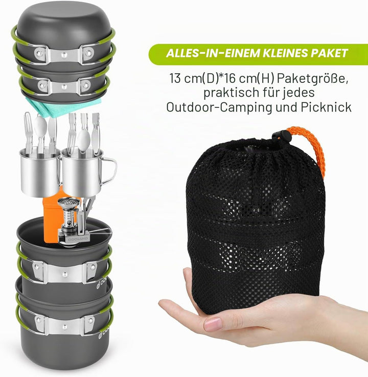 Odoland Camping Geschirr Set 16 PCS für 2 Personen Outdoor Kochgeschirr aus Aluminium und Edelstahl