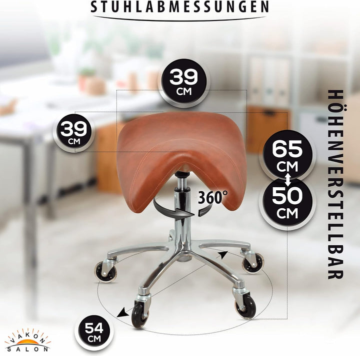 VAKON SALON - Premium Sattelhocker Hellbraun, Sattelstuhl für Rückenentlastung, Rollhocker höhenvers